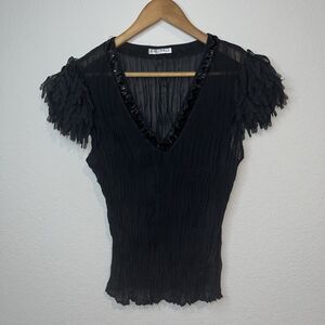 90s Vintage Womens Medium Fringe Shoulder Top Black Sequins V Neck Short Sleeve